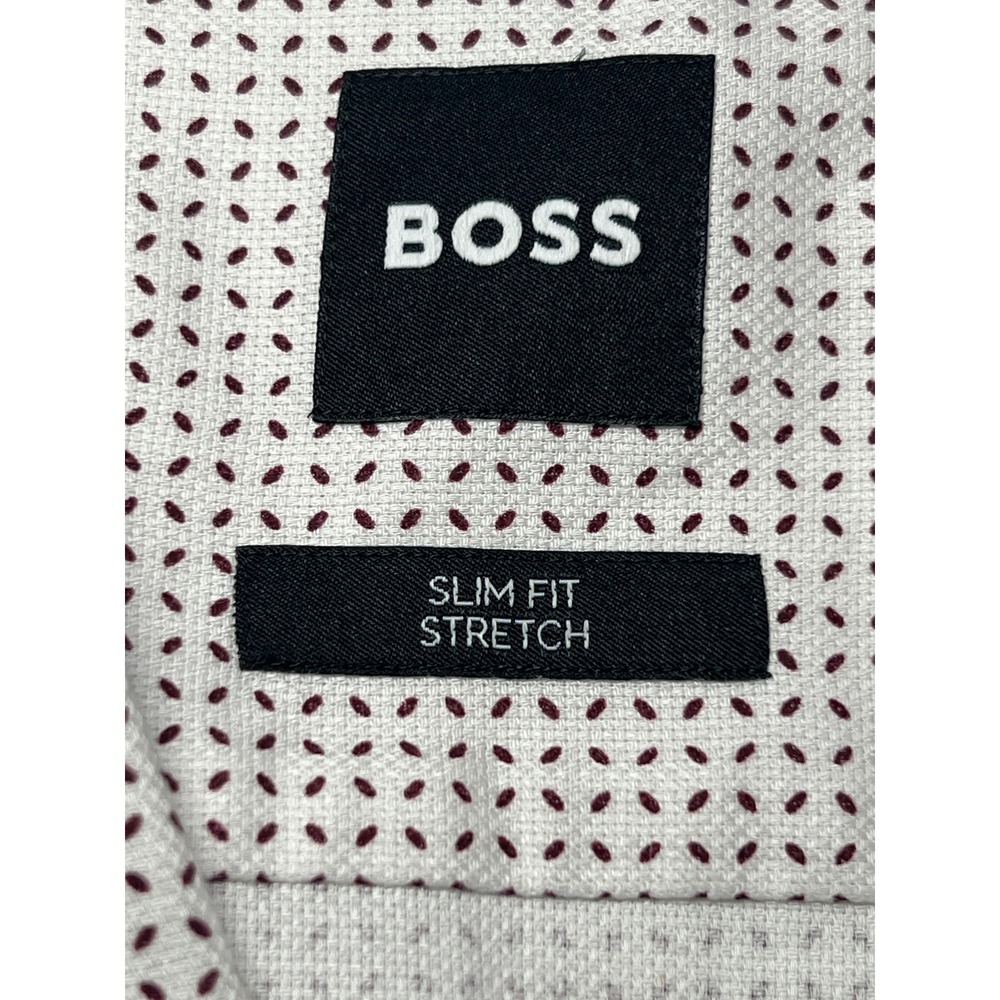 BOSS Hugo Boss Mens XL 17.5 Slim Fit Stretch Dress Shirt White Burgundy Pattern